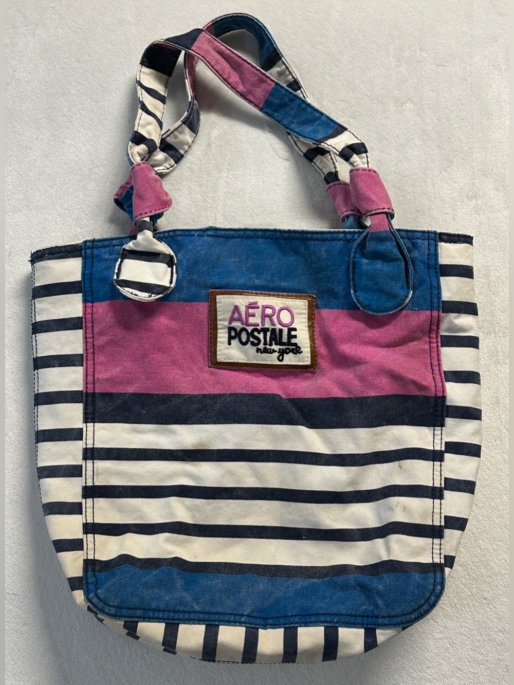 Y2K AEROPOSTALE white pink blue striped embroidered canvas tote bag